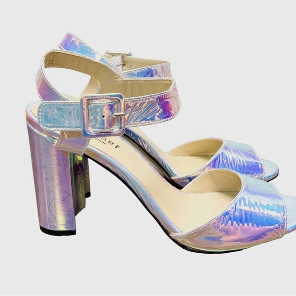 NEW NWT Anthropologie Jon Josef Block Metallic Heeled Sandals Litmus Iridescent